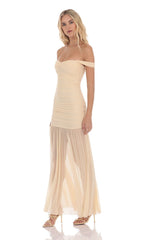 Mesh Off Shoulder Ruched Maxi Dress in Beige