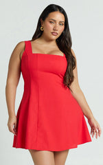 Linen Square Neck Shirred Back A Line Dress in Red
