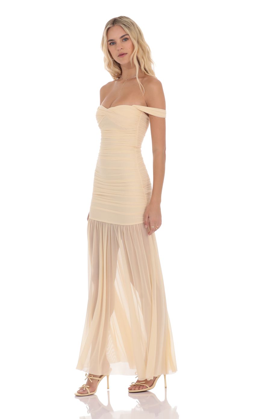 Mesh Off Shoulder Ruched Maxi Dress in Beige