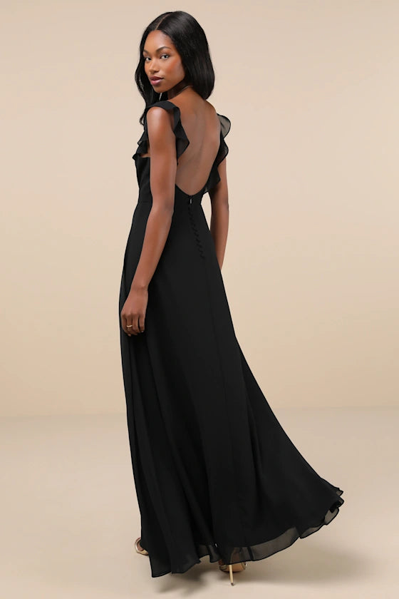 Dreamy Admiration Black Ruffled Maxi Dress
